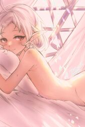  bare_back bare_shoulders blush breasts elf highres kasakasako light_rays looking_at_another lying mushoku_tensei narrow_waist nude on_bed pillow pointy_ears red_eyes shirt short_hair small_breasts sylphiette_(mushoku_tensei) white_shirt 