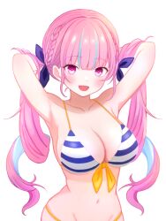  adjusting_hair aqua_hair armpits arms_up bare_shoulders bikini blue_bikini blush braid breasts cleavage collarbone colored_inner_hair drill_hair female front-tie_bikini_top front-tie_top fuminshou_(nekopan_art) hair_ribbon hololive large_breasts long_hair looking_at_viewer minato_aqua minato_aqua_(hololive_summer_2019) multicolored_hair navel no_ahoge open_mouth pink_eyes pink_hair purple_ribbon ribbon simple_background smile solo stomach streaked_hair striped_bikini striped_clothes swimsuit twin_drills twintails two-tone_background two-tone_bikini two-tone_hair virtual_youtuber white_background white_bikini 