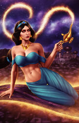  1girls aladdin arabian arabian_clothes bare_shoulders belly_dancer belly_dancer_outfit black_hair brown_eyes cleavage dancer dancer_outfit disney disney_princess earrings hair_ornament harem_outfit harem_pants large_breasts lipstick magic_lamp martaino navel princess_jasmine tan_skin thick_thighs thighs toned toned_female very_long_hair voluptuous wide_hips 