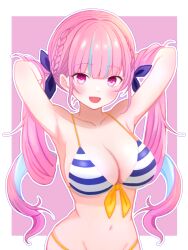  adjusting_hair aqua_hair armpits arms_up bare_shoulders bikini blue_bikini blush border braid breasts cleavage collarbone colored_inner_hair drill_hair female front-tie_bikini_top front-tie_top fuminshou_(nekopan_art) hair_ribbon hololive large_breasts long_hair looking_at_viewer minato_aqua minato_aqua_(hololive_summer_2019) multicolored_hair navel no_ahoge open_mouth pink_background pink_eyes pink_hair purple_ribbon ribbon smile solo stomach streaked_hair striped_bikini striped_clothes swimsuit twin_drills twintails two-tone_background two-tone_bikini two-tone_hair virtual_youtuber white_background white_bikini white_border 