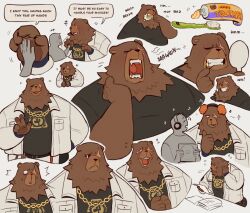  anthro bear belly ben_bigger bottomwear brown_body brown_fur brush brushing brushing_teeth chibi clothing electronics facial_scar fur gold_(metal) gold_tooth headphones hi_res human jacket jewelry krunnnnnch male mammal mihoyo missing_eye multiple_images necklace open_mouth overweight pants pawpads scar topwear white_bottomwear white_clothing white_jacket white_pants white_topwear yawn zenless_zone_zero 