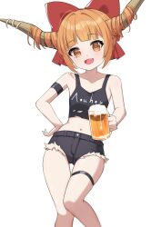  :d alcohol alternate_costume armband beer beer_mug black_shorts black_tank_top blunt_bangs blush bow brown_horns commentary_request crop_top cup feet_out_of_frame female flat_chest hair_intakes hair_on_horn hairbow highres holding holding_cup horns ibuki_suika looking_at_viewer midriff mug oerba_yun_fang oeyama open_mouth orange_eyes orange_hair red_bow short_hair short_shorts shorts simple_background skin_fang smile solo tank_top thigh_strap touhou white_background 