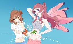  2girls blue_background blue_eyes breasts brown_hair crop_top gakuen_idolmaster gloves hanami_saki hanami_ume highres hitting idolmaster medium_breasts multiple_girls navel olys open_mouth orange_eyes radish shirt siblings sisters skirt smile tank_top toned upper_body 