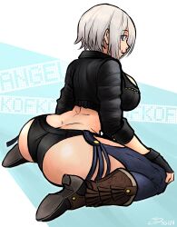  absurdres angel_(kof) ass black_jacket black_panties blue_eyes boots breasts butt_crack chaps character_name closed_mouth cowboy_boots cropped_jacket female highres jacket large_breasts leather leather_jacket looking_at_viewer looking_back panties revealing_clothes short_hair sidelocks sitting snk solo the_king_of_fighters thighs underwear videajames wariza white_hair 