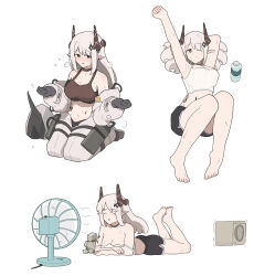  ;) arknights armpits bare_shoulders barefoot black_gloves black_shorts blush bottle breasts breath brown_horns brown_sports_bra cleavage closed_eyes closed_mouth commentary crop_top double_strap_slip ear_piercing electric_fan elysiium english_commentary female flying_sweatdrops gloves grey_hair grey_jumpsuit helmet highres horns hot infection_monitor_(arknights) jumpsuit large_breasts legs_up long_hair looking_at_viewer lying material_growth midriff mudrock_(arknights) mudrock_(elite_ii)_(arknights) multiple_views navel nose_blush off_shoulder on_stomach one_eye_closed oripathy_lesion_(arknights) outstretched_arm piercing pink_eyes pointy_ears rock seiza shorts sidelocks simple_background sitting smile soles split_mouth sports_bra stretching sweat toenails toes unworn_headwear unworn_helmet washing_machine water_bottle white_background white_sports_bra 