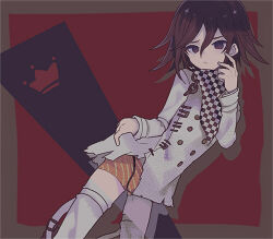  1boy annoyed arm_belt belt belt_buckle black_scarf border boxers buckle buttons checkered_clothes checkered_scarf closed_mouth clothes_lift commentary_request cowboy_shot crown danganronpa_(series) danganronpa_v3:_killing_harmony double-breasted drop_shadow frown furrowed_brow grey_border hair_between_eyes hand_on_own_cheek hand_on_own_face jacket jacket_lift lifting_own_clothes long_sleeves lowres male_focus male_underwear miwasiba multicolored_buttons multiple_belts oma_kokichi open_belt outside_border purple_eyes purple_hair red_background red_male_underwear scarf short_hair solo striped_male_underwear thigh_belt thigh_strap thighhighs torn_clothes torn_jacket two-tone_scarf underwear unmoving_pattern white_belt white_scarf white_thighhighs 