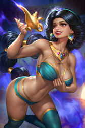  1girls absurd_res aladdin bra breasts dark-skinned_female disney disney_princess earrings female female_only hi_res large_breasts lingerie magic_lamp neoartcore panties persian_(iranian) persian_clothing persian_female princess_jasmine realistic solo solo_female teenage_girl teenager tongue_out 