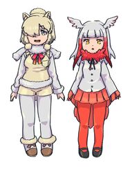  2girls alpaca_ears alpaca_girl alpaca_suri_(kemono_friends) alpaca_tail an-chan_(ananna0315) animal_ears black_footwear blue_eyes boots commentary frilled_sleeves frills fur_collar fur_trim hair_bun hair_over_one_eye hair_tubes highres kemono_friends long_sleeves multicolored_hair multiple_girls neck_ribbon pants pantyhose pleated_skirt red_fur red_hair red_pantyhose red_ribbon red_skirt ribbon scarlet_ibis_(kemono_friends) shirt short_hair short_shorts shorts sidelocks single_hair_bun skirt sweater tail vest white_footwear white_fur white_hair white_pants white_shirt white_sweater yellow_eyes yellow_shorts yellow_vest 