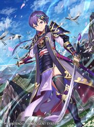  armor armored_boots bell bird boots female fire_emblem fire_emblem_cipher japanese_armor katana kousei_horiguchi mountainous_horizon official_art purple_eyes purple_hair short_hair shoulder_armor sky sword thighhighs weapon yuzu_(fire_emblem) 