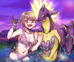  amped_toxtricity bikini clothed clothing devil_horns_(gesture) double_devil_horns_(gesture) duo female generation_8_pokemon gesture hand_gesture hi_res human mammal nintendo outside pokemon pokemon_(species) swimwear tongue tongue_out toxtricity water wet みなみ茶哂 