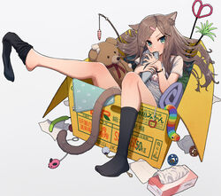  absurdres animal_ear_fluff animal_ears ball between_legs box brown_hair cardboard_box cat_ears cat_girl cat_tail closed_mouth clothes_writing commentary_request female green_eyes grey_background hair_ornament hairclip highres holding in_box in_container long_hair looking_at_viewer no_shoes original parted_bangs shirt short_sleeves simple_background sock_pull socks solo stuffed_animal stuffed_toy tail tail_between_legs teddy_bear tissue_box toy_mouse wavy_hair white_shirt wozora x_hair_ornament 