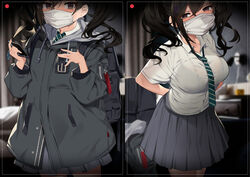  absurdres bedroom black_bra black_jacket bra breasts brown_eyes brown_hair bsue collared_shirt commentary_request diagonal_stripes female green_necktie grey_skirt hair_between_eyes highres idolmaster idolmaster_cinderella_girls indoors jacket large_breasts long_hair long_sleeves looking_at_viewer mask meme mole mole_under_eye mouth_mask multiple_views necktie pajamas_challenge_(meme) school_uniform see-through shirt skirt standing striped striped_necktie sunazuka_akira surgical_mask twintails underwear uniform white_shirt 