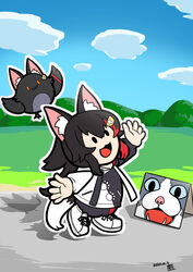  :3 :d animal_ear_fluff animal_ears black_hair chibi cloud dated female grass hair_ornament hairclip highres hololive hood hoodie kagelantern long_hair looking_up mario_(series) miochun multicolored_hair official_alternate_costume ookami_mio ookami_mio_(casual) open_mouth outline paper_mario paper_mario:_the_origami_king paper_mario_(style) paw_print red_hair shadow shoes sky smile sneakers streaked_hair taiga_(ookami_mio) tail virtual_youtuber white_outline wolf_ears wolf_girl wolf_tail 