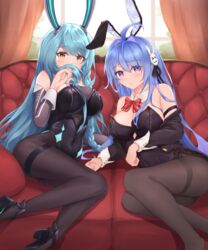  2girls absurdres ahoge alternate_costume animal_ears arm_warmers azur_lane black_leotard black_pantyhose blue_hair boise_(azur_lane) boise_(sheepish_sapphire)_(azur_lane) bow bowtie breasts couch covered_mouth covering_own_mouth curtains day detached_collar english_commentary fake_animal_ears hair_ornament helena_(azur_lane) high_heels highres jacket kyl490 large_breasts leotard light_blue_hair long_hair looking_at_viewer mechanical_ears multiple_girls official_alternate_costume pantyhose playboy_bunny purple_eyes purple_hair rabbit_ears red_bow red_bowtie sitting smelling_hair window yellow_eyes 