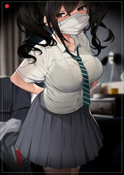  absurdres alternate_breast_size bedroom black_bra bra breasts brown_eyes brown_hair bsue collared_shirt commentary_request diagonal_stripes female green_necktie grey_skirt hair_between_eyes highres idolmaster idolmaster_cinderella_girls indoors large_breasts long_hair long_sleeves looking_at_viewer mask mole mole_under_eye mouth_mask necktie school_uniform see-through shirt skirt solo standing striped striped_necktie sunazuka_akira surgical_mask twintails underwear uniform white_shirt 