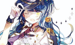  amamiya_kokoro amamiya_kokoro_(2nd_costume) bell blue_hair blunt_bangs diamond-shaped_pupils diamond_(shape) epaulettes female gloves gold_trim hair_bell hair_between_eyes hair_ornament hand_on_headwear hat jingle_bell kino-cands long_hair low_twintails military military_hat military_uniform nijisanji oerba_yun_fang one_eye_closed open_mouth peaked_cap sidelocks skin_fang sparkle stuffed_goat symbol-shaped_pupils twintails uniform upper_body virtual_youtuber white_background white_gloves yellow_eyes 