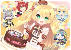  +_+ 5girls :d acorn_hair_ornament ahoge animal_ears apron bear_ears birthday_cake black_footwear black_hair black_jacket black_skirt blonde_hair blue_eyes blue_hair blue_skirt blue_socks blurry blurry_background blush boots braid brown_dress brown_headwear cake chibi commentary_request commission copyright_request crop_top cross-laced_footwear depth_of_field detached_sleeves dress fishnet_socks fishnets food frilled_skirt frills green_eyes grey_hair hair_ornament hair_over_shoulder hair_ribbon hairclip hands_up happy_birthday hat highres jacket juliet_sleeves kneehighs lace-up_boots long_hair long_sleeves midriff mini_hat mini_person minigirl mouse_ears mouse_girl mouse_tail multicolored_hair multiple_girls navel open_clothes open_jacket pantyhose pink_hair pleated_skirt puffy_long_sleeves puffy_short_sleeves puffy_sleeves purple_eyes red_hair red_pantyhose red_ribbon ribbon shikito_(yawa0w0) shirt short_sleeves single_braid single_kneehigh single_sock skirt sleeves_past_wrists smile socks star_(symbol) star_hair_ornament streaked_hair tail tilted_headwear two-tone_hair two_side_up very_long_hair virtual_youtuber white_apron white_footwear white_shirt wolf_ears wolf_girl wolf_tail yellow_eyes 