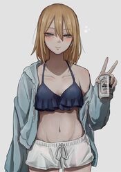  aki_(tabao) alcohol beer beer_can blonde_hair blue_bra blue_eyes blue_hoodie blush bra breasts can cleavage closed_mouth collarbone commentary_request drawstring drink_can female frilled_bra frills grey_background hair_between_eyes half-closed_eyes highres holding holding_can hood hoodie looking_at_viewer medium_hair mole mole_under_eye navel original scar self-harm self-harm_scar shorts simple_background small_breasts smile solo standing tabao underwear v white_shorts 