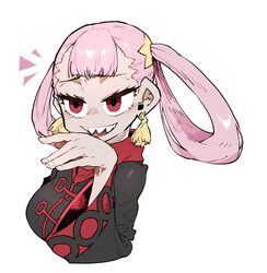  black_dress dress earrings female fingernails highres jewelry long_sleeves pink_hair pokemon pokemon_masters_ex punk_girl_(pokemon) red_eyes sharp_teeth simple_background smile solo ssambatea tassel tassel_earrings teeth upper_body upper_teeth_only white_background wide_sleeves 