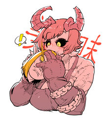  ! bare_shoulders black_sclera blush cannibalism chains colored_sclera copyright_request curled_horns demon_girl diablo diablo_(series) diablo_1 disembodied_head female gloves heroes_of_the_storm highres holding horns kael&#039;thas_sunstrider korean_commentary muscular muscular_female open_mouth pink_hair scar short_hair simple_background slit_pupils spoken_exclamation_mark ssambatea the_butcher upper_body warcraft white_background yellow_eyes 