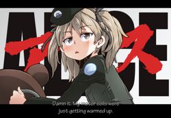  akira_(manga) aono3 beret black_hat black_jacket black_ribbon brown_eyes character_name commentary emblem english_text female girls_und_panzer hair_ribbon hat jacket japanese_tankery_league_(emblem) kiddie_ride letterboxed light_brown_hair long_hair long_sleeves military military_hat military_uniform one_side_up open_mouth parody ribbon riding selection_university_(emblem) selection_university_military_uniform shimada_arisu solo title_parody triangle_mouth uniform 