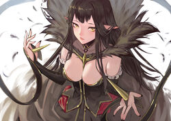  absurdres black_dress black_hair black_nails breasts bridal_gauntlets cleavage commentary dress english_commentary fate/apocrypha fate/grand_order fate_(series) female from_above fur_trim highres krin_(krinnin) large_breasts long_dress long_hair pointy_ears semiramis_(fate) solo spikes very_long_hair yellow_eyes 