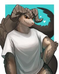  2021 absurd_res ambiguous_gender anthro brown_body brown_scales clothed clothing color_fox deathclaw digital_media_(artwork) fallout heart_symbol hi_res horn looking_at_viewer microsoft scales scalie shirt signature smile solo t-shirt teeth topwear white_clothing white_heart white_shirt white_topwear 