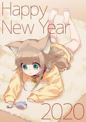  2020 40hara :3 animal_collar animal_ear_fluff animal_ears barefoot blonde_hair blunt_bangs cat_ears cat_girl collar commentary_request female green_eyes happy_new_year highres indoors kinako_(40hara) long_hair lying new_year on_stomach original red_collar smile solo toy_mouse 