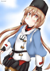  anchor_necklace bad_id bad_twitter_id belt black_belt black_bow black_gloves black_hat black_skirt blue_background blue_shawl bow brown_eyes brown_hair brown_pantyhose commentary_request cowboy_shot female fingerless_gloves fur_hat gloves hairbow hat jacket jewelry kantai_collection long_hair looking_at_viewer low_twintails necklace one-hour_drawing_challenge ouno_(nounai_disintegration) pantyhose papakha red_shirt scarf shawl shirt skirt solo tashkent_(kancolle) torn_clothes torn_scarf twintails twitter_username untucked_shirt white_jacket white_scarf 