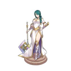  artist_request asymmetrical_bangs axe boots braid braided_ponytail bridal_gauntlets brown_eyes cleavage_cutout clothing_cutout dragalia_lost dress female fire_emblem fire_emblem_heroes full_body green_hair high_heels holding holding_axe legs long_hair looking_at_viewer official_art thigh_boots thighhighs thighs thorr_(fire_emblem) transparent_background turtleneck white_dress 