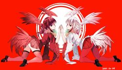  2girls all_fours bird_girl bird_wings black_hair frilled_sleeves frills fur_collar hair_bobbles hair_ornament head_wings highres holding_hands japanese_crested_ibis_(kemono_friends) kemono_friends long_hair multicolored_hair multiple_girls nanana_(nanana_iz) pantyhose pleated_skirt red_eyes red_fur red_hair red_legwear red_shirt red_skirt scarlet_ibis_(kemono_friends) shirt short_sleeves short_twintails sidelocks skirt thighhighs twintails white_fur white_hair white_shirt wings yellow_eyes zettai_ryouiki 