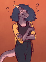  2020 3:4 anthro blue_hair brown_eyes chloe_(glopossum) clothed clothing digital_media_(artwork) dragon female glopossum hair hi_res mythological_creature mythological_scalie mythology question_mark reptile scalie simple_background solo tail trans_(lore) trans_woman_(lore) 