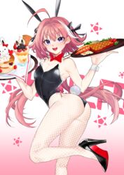  1boy absurdres ahoge animal_ears ass astolfo_(fate) astolfo_(saber)_(fate) bare_shoulders black_bow blush bow fake_animal_ears fate/grand_order fate_(series) food hair_intakes happy high_heels highres leotard long_braid long_hair looking_at_viewer male_focus male_playboy_bunny multicolored_hair oerba_yun_fang open_mouth otoko_no_ko pantyhose phanta pink_hair plate playboy_bunny purple_eyes rabbit_ears rabbit_tail smile solo strapless strapless_leotard streaked_hair tail twintails white_hair wrist_cuffs 