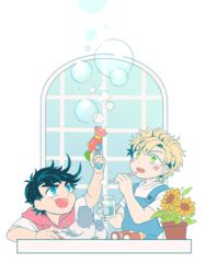  2boys aged_down akiae_(hayj14) battle_tendency bird black_hair blonde_hair blowing_bubbles blue_eyes bubble_gun caesar_anthonio_zeppeli fingerless_gloves flower gloves green_eyes hood hoodie jojo_no_kimyou_na_bouken joseph_joestar joseph_joestar_(young) lolicon male_focus multiple_boys overalls pigeon sunflower windowsill 