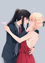  2girls assertive_female backless_dress backless_outfit black_hair black_jacket black_pants black_ribbon blonde_hair blue_background blush cocktail_glass collared_shirt commentary_request cowboy_shot cup dress drinking_glass eye_contact formal full-face_blush futaba_(rei-futaba) grey_shirt grey_vest hair_ribbon highres hug imminent_kiss inoue_takina jacket long_hair long_sleeves looking_at_another lycoris_recoil multiple_girls necktie nishikigi_chisato official_alternate_costume official_alternate_hairstyle open_clothes open_jacket open_mouth pants ponytail purple_eyes red_dress red_eyes red_necktie ribbon shirt sidelocks simple_background suit sweatdrop teeth upper_teeth_only vest yuri 