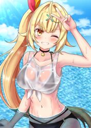  absurdres bikini black_bikini blonde_hair breasts collarbone female grin hair_ornament highres hoshikawa_sara large_breasts long_hair navel nijisanji one_eye_closed partially_submerged see-through shirt side_ponytail smile solo stomach swimsuit tank_top teeth tied_shirt v virtual_youtuber water wet wet_clothes wet_shirt x_hair_ornament yellow_eyes yuku0307 