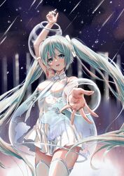  absurdres aqua_eyes aqua_hair arm_up bare_shoulders breasts bubble_skirt commentary cowboy_shot detached_sleeves dress female grey_necktie grey_sleeves hair_ornament hatsune_miku hatsune_miku_expo highres long_hair looking_at_viewer map_print necktie night night_sky oohhya outstretched_arm pleated_dress reaching reaching_towards_viewer shirt shooting_star shoulder_tattoo silver_dress silver_legwear skirt sky sleeveless sleeveless_dress sleeveless_shirt small_breasts solo standing star_(sky) starry_background tattoo thighhighs twintails very_long_hair vocaloid zettai_ryouiki 