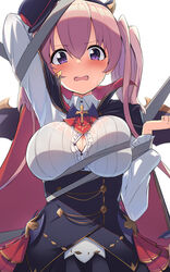  absurdres arm_up ascot bat_ornament black_cape black_hat black_skirt blush bound breasts cape collared_shirt corset female frilled_skirt frills hair_between_eyes hand_up hat high_collar highres large_breasts long_hair looking_at_viewer maza_kisuke mini_hat mini_top_hat oerba_yun_fang open_mouth pink_hair princess_connect! purple_eyes red_ascot red_cape shirt skindentation skirt solo tilted_headwear top_hat tsumugi_(halloween)_(princess_connect!) tsumugi_(princess_connect!) twintails two-sided_cape two-sided_fabric vampire_costume white_shirt wings 