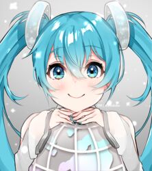  aqua_hair aqua_nails bare_shoulders clip_studio_paint_(medium) commentary detached_sleeves english_commentary female globe gremlinbon grey_background grey_sleeves hair_ornament hatsune_miku hatsune_miku_expo highres hugging_object light_particles long_hair looking_at_viewer nail_polish smile solo twintails twitter_username upper_body very_long_hair vocaloid 