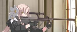  assault_rifle aug_(girls&#039;_frontline) black_gloves bullpup commentary_request female flower girls&#039;_frontline gloves gun hair_ornament la_femme_nikita long_hair pink_hair rifle solo steyr_aug tab_(tabkun) weapon 