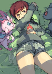  :o bed_sheet blush cable commentary_request female glasses holding holding_phone hood hoodie long_sleeves lying multicolored_hair naruse_yasuhiro no_legwear on_back open_mouth penny_(pokemon) phone pink_eyes pokemon pokemon_(creature) pokemon_sv red_hair round_eyewear see-through see-through_skirt short_hair shorts skirt sylveon two-tone_hair umbreon 