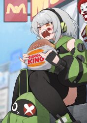  amillion_(zenless_zone_zero) anby_demara black_headphones black_skirt black_thighhighs blood blood_on_face brand_name_imitation burger burger_king female fingerless_gloves flasso food gloves green_jacket green_sleeves highres holding holding_burger holding_food jacket long_sleeves open_mouth orange_eyes pleated_skirt puffy_long_sleeves puffy_sleeves ronald_mcdonald sitting skirt sleeveless sleeveless_jacket solo thighhighs two-tone_sleeves zenless_zone_zero 