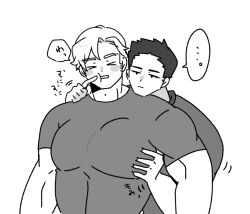  &gt;_&lt; 2boys ao_isami bara blush_stickers cheek_press couple facial_hair grabbing_from_behind greyscale jitome large_pectorals lewis_smith male_focus monochrome multiple_boys muscular muscular_male paya_genko_man pectoral_grab pectorals sideburns_stubble stubble thick_eyebrows translation_request upper_body yaoi yuuki_bakuhatsu_bang_bravern 