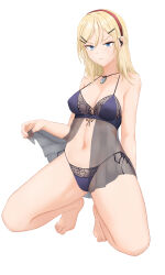  absurdres babydoll babydoll_lift blonde_hair blue_bra blue_eyes blue_panties bra breasts cleavage earpiece female front-tie_bra full_body girls&#039;_frontline hair_ornament hairband hairclip halterneck highres jewelry kneeling lace-trimmed_bra lace-trimmed_panties lace_trim large_breasts lingerie long_hair looking_at_viewer mole mole_on_thigh mole_under_mouth navel nonoan_jp panties pendant perky_breasts red_hairband shaw_(girls&#039;_frontline) side-tie_panties simple_background solo underwear white_background 