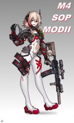  alternate_costume artist_name assault_rifle black_bodysuit bodysuit character_charm character_name charm_(object) clothes_writing clothing_cutout commission english_commentary female full_body girls&#039;_frontline gradient_background grey_background gun headgear highres holding holding_gun holding_weapon kuroinu9 light_brown_hair looking_at_viewer m4_carbine m4_sopmod_ii_(girls&#039;_frontline) m4_sopmod_ii_jr magazine_(weapon) multicolored_hair open_mouth red_eyes red_hair rifle scope second-party_source short_hair_with_long_locks smile solo stomach_cutout streaked_hair suppressor teeth two-tone_bodysuit upper_teeth_only weapon weapon_name white_background white_bodysuit 