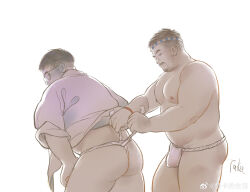  2boys absurdres adjusting_another&#039;s_clothes adjusting_fundoshi ass bara beard_stubble belly bulge cowboy_shot facial_hair fat fat_man fundoshi glasses hachimaki happi headband highres japanese_clothes leaning_forward looking_back male_focus mature_male moustache multiple_boys nipples original pencil_mustache profile standing stubble takadeshenghuo thick_eyebrows thick_thighs thighs topless_male yaoi 