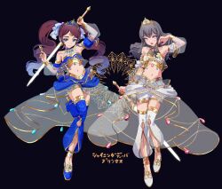  2girls arm_at_side arm_up armpits bare_shoulders black_background blue_hair blue_shorts brown_hair commentary detached_sleeves dot_nose earrings gradient_hair grey_hair hand_up highres holding holding_sword holding_weapon idol jewelry light_smile long_hair long_skirt looking_at_viewer midriff multicolored_hair multiple_girls my_chara_(waccha_primagi!) navel necklace pretty_series purple_eyes see-through see-through_skirt shorts simple_background skirt sleeveless standing standing_on_one_leg sword symbol-only_commentary symbol-shaped_pupils tiara twintails waccha_primagi! weapon white_shorts yadehi 