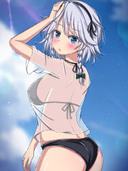  black_hairband blue_eyes blue_sky blush breasts cloud commentary_request female from_side grey_hair hairband highres izayoi_sakuya large_breasts looking_at_viewer medium_hair outdoors rimasu71 see-through see-through_shirt shirt sky solo touhou upper_body 