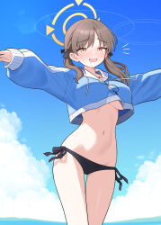  :d absurdres bikini bikini_bottom_only black_bikini blue_archive blue_jacket blue_sky blurry blush breasts brown_eyes cloud cloudy_sky commentary_request cropped_jacket depth_of_field drooling female hair_between_eyes hair_ribbon halo highres hood hooded_jacket jacket large_breasts long_hair long_sleeves looking_at_viewer moe_(blue_archive) moe_(swimsuit)_(blue_archive) mountainous_horizon navel ocean official_alternate_costume official_alternate_hairstyle outstretched_arms ribbon saho_4545 side-tie_bikini_bottom sidelocks sky smile solo spread_arms stomach swimsuit twintails underboob unworn_eyewear 