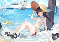  absurdres beach bikini bird black_footwear black_hair blue_archive blue_sky braid camera choker closed_mouth cloud commentary crab crocs day female flat_chest full_body hand_up hat highres holding holding_camera lace lace_choker long_hair looking_up miyu_(blue_archive) miyu_(swimsuit)_(blue_archive) ocean one_eye_closed outdoors red_eyes seagull sitting sky solo straw_hat swimsuit tears teketi twin_braids wet white_bikini 